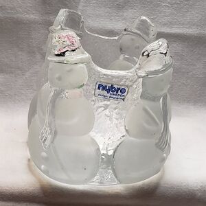 Vintage 1985 Nybro Sweden Frosted Glass Snowman Candle Holder